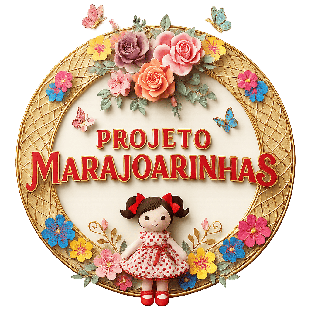 Emblema do Projeto Marajoarinhas — círculo decorativo com boneca, flores e borboletas